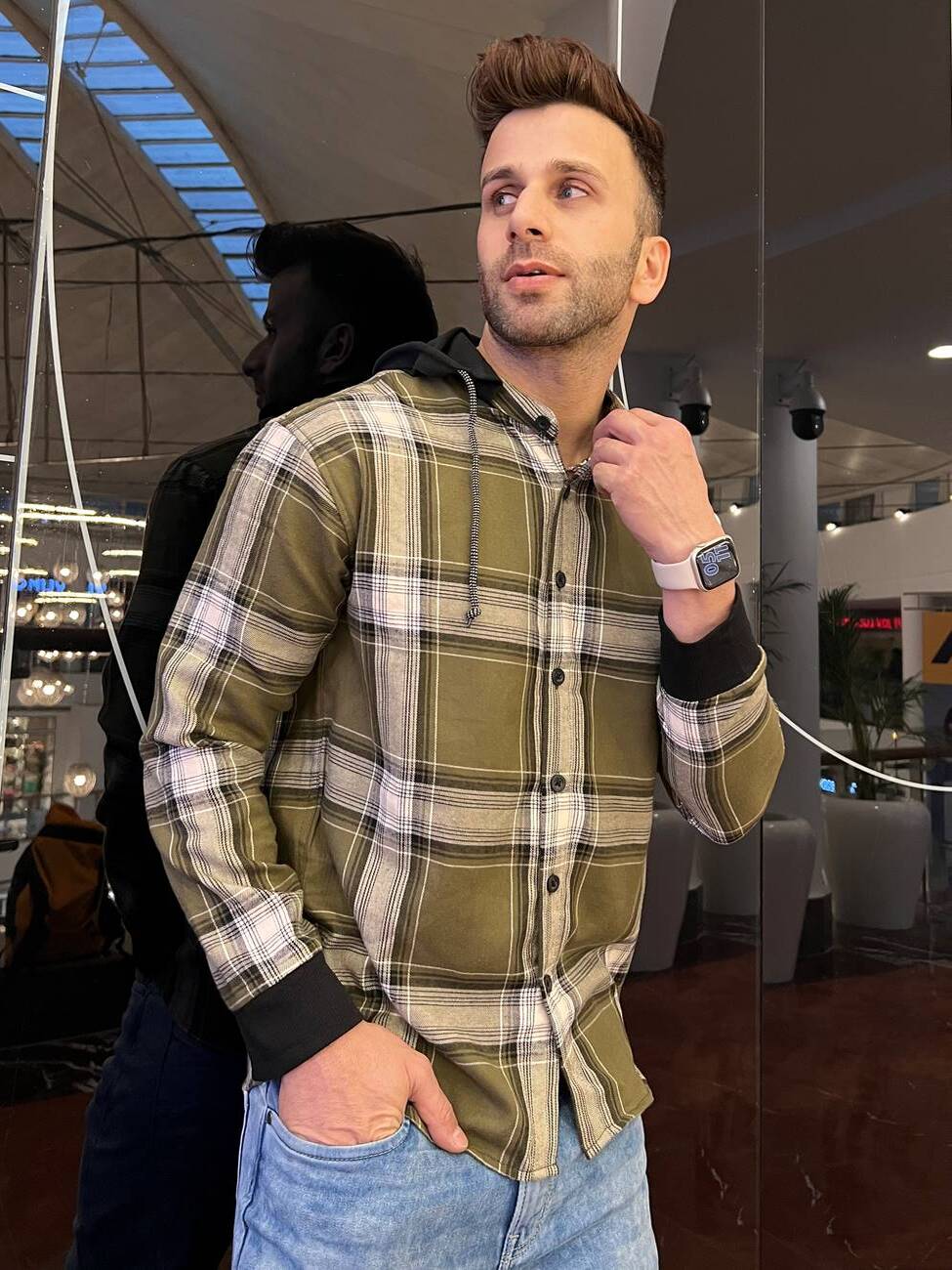 Brushed  Olive Grey Hooded Flannel Shirt