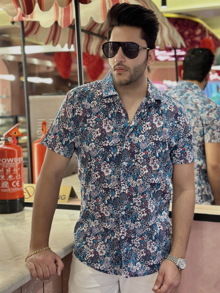 Blue Half Sleeve Floral Shirt
