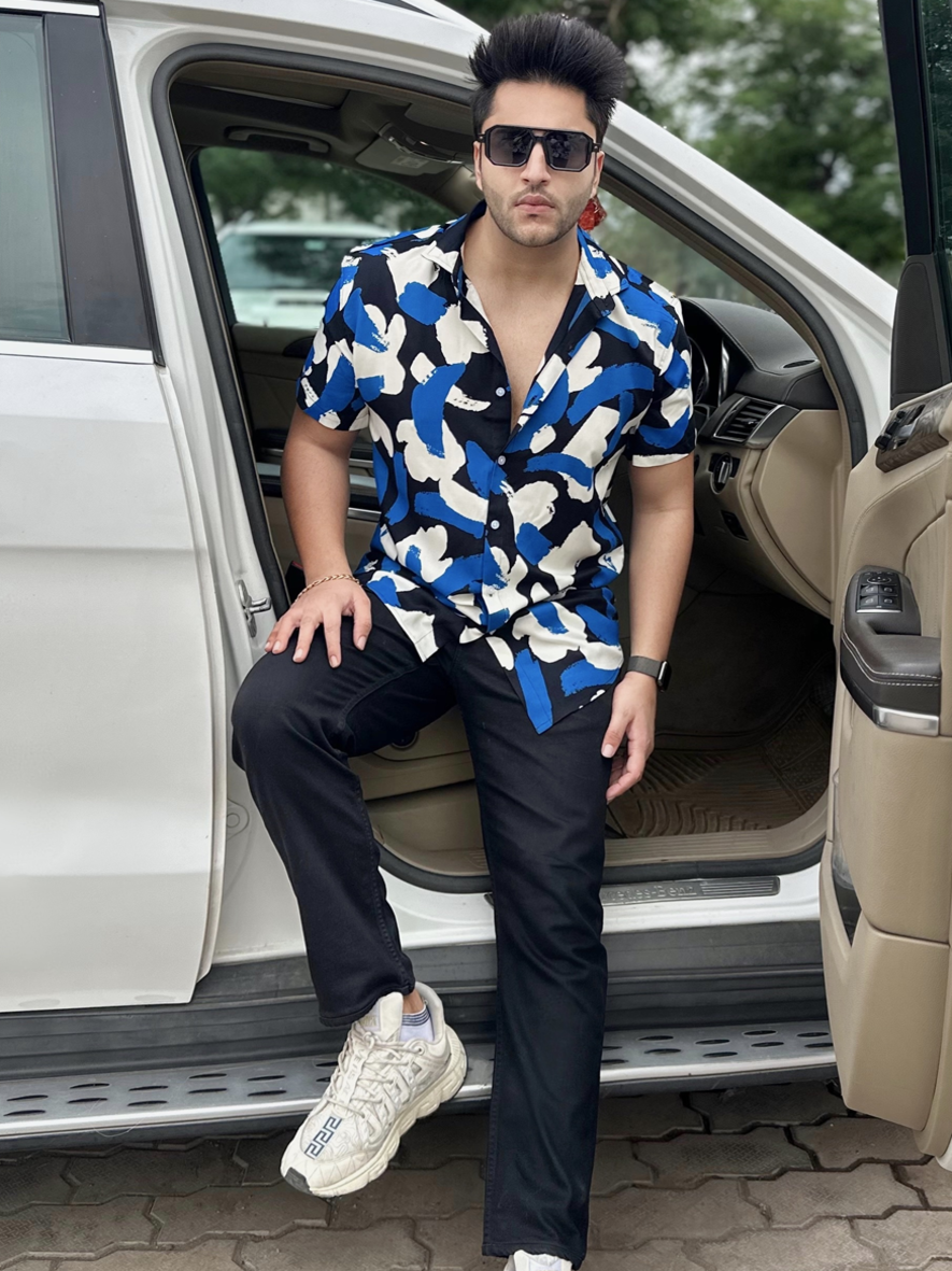 Blue White Printed Half Sleeve Rayon Shirt