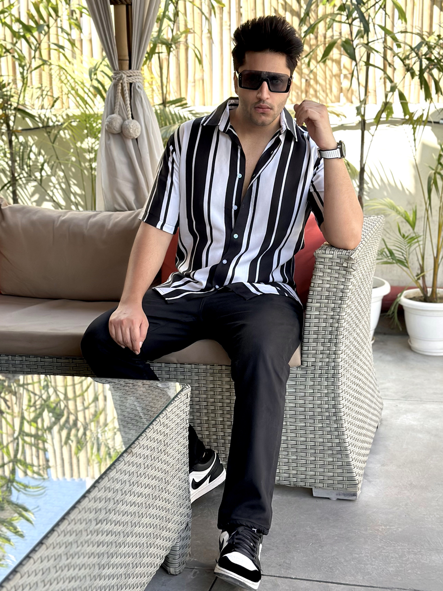 Striped Oversized Half Sleeve Black White Rayon Shirt