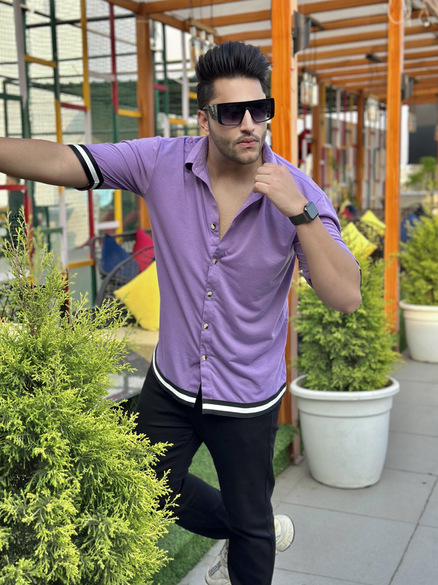 Oversized Purple Half Sleeve Solid Tapping Knitted Shirt