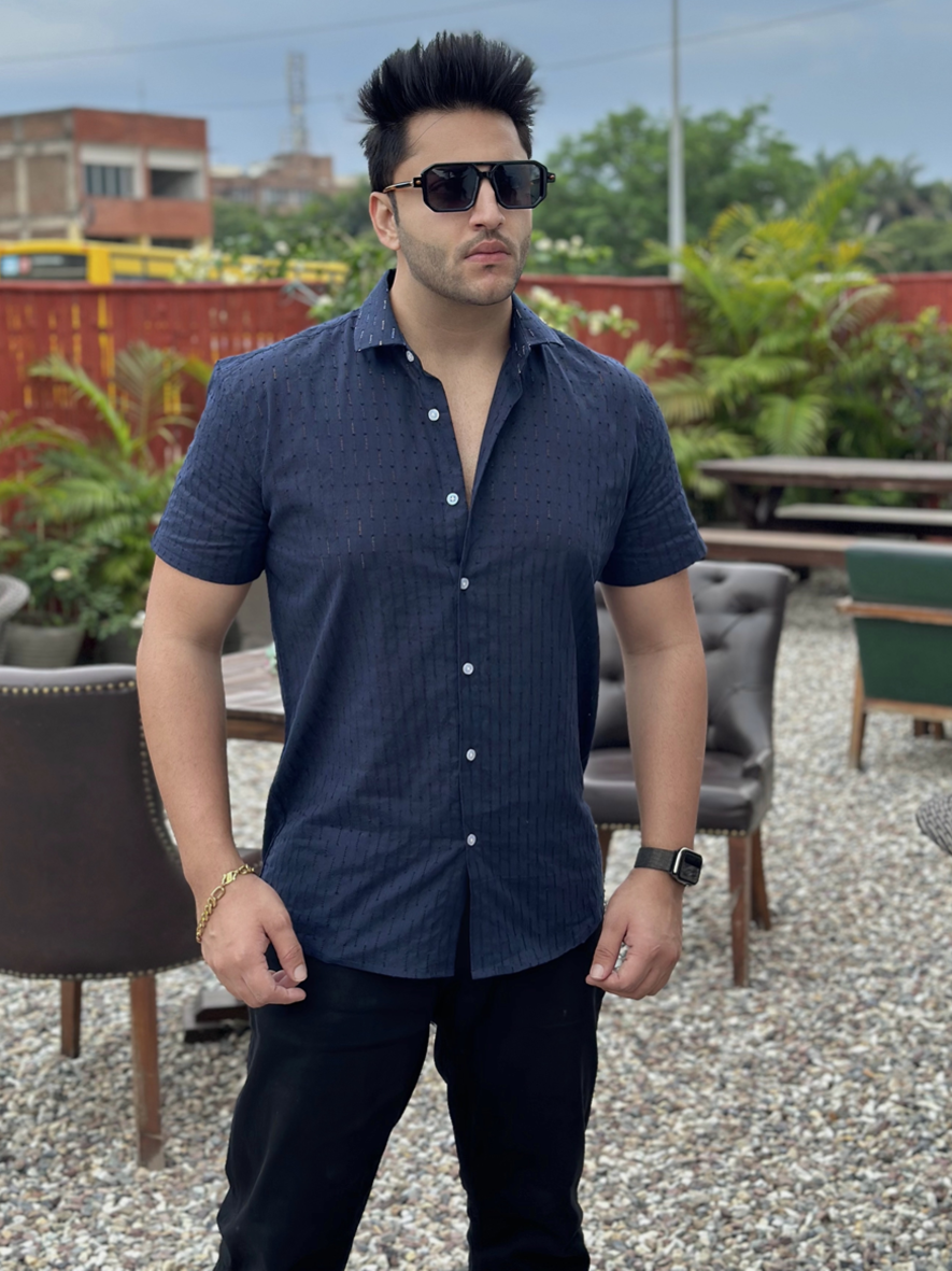 Self Design Navy Half Sleeve Shirt