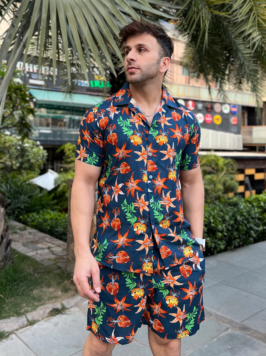 Navy Orange Floral Rayon Co-Ords