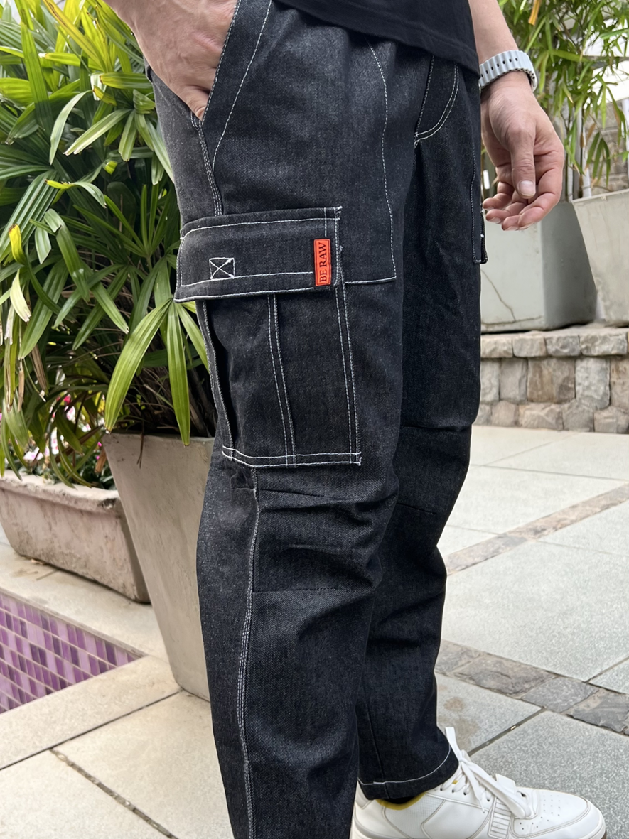 BLACK ELASTICATED DENIM CARGO PANTS