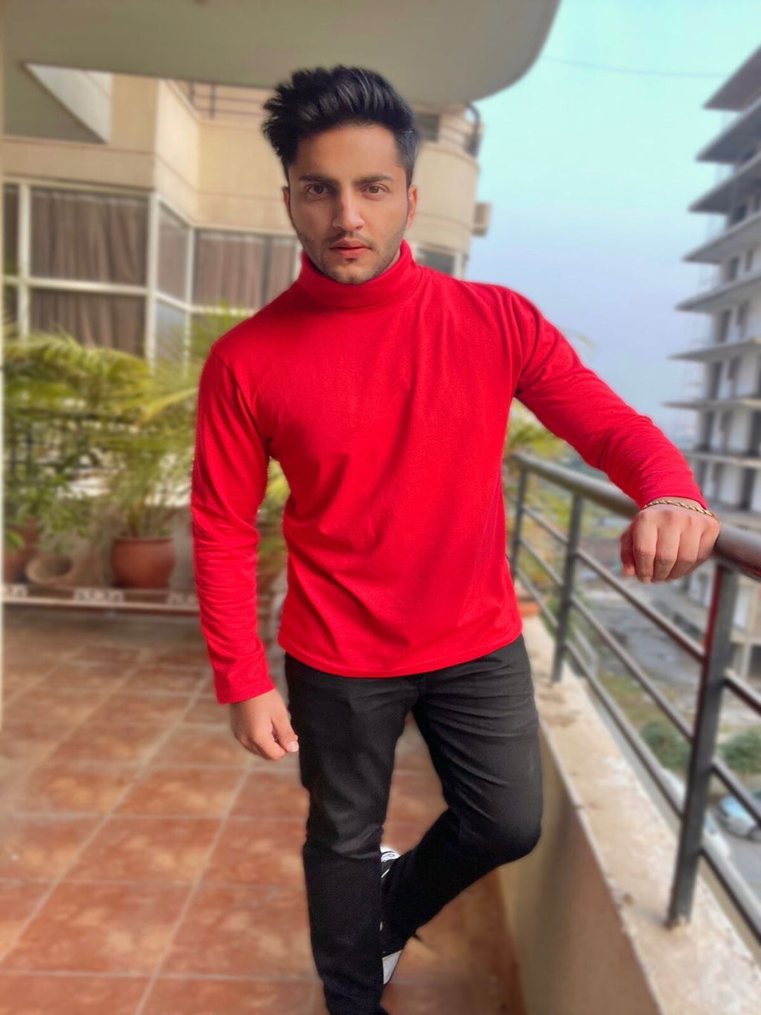 Red  High Neck T-shirt-GSFSHYNCK2213RD