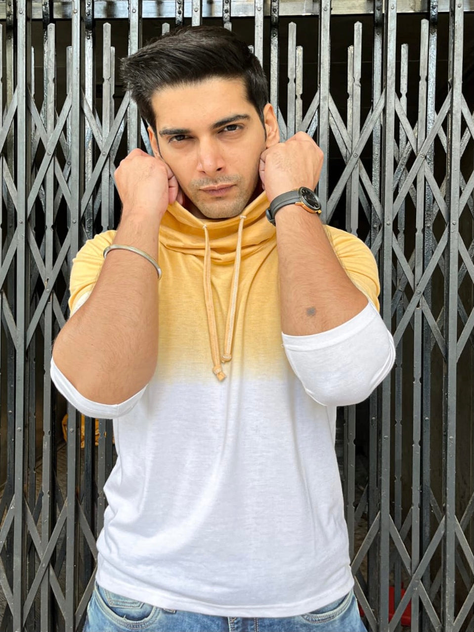 White/Mustard Tie Dye Cowl Neck T-Shirt (Akshit Sukhija x Gritstones)