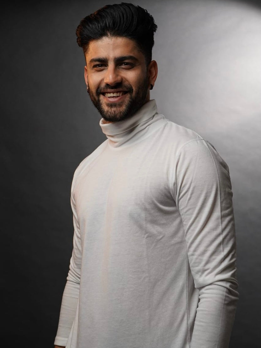 White Full Sleeves High Neck T-Shirt