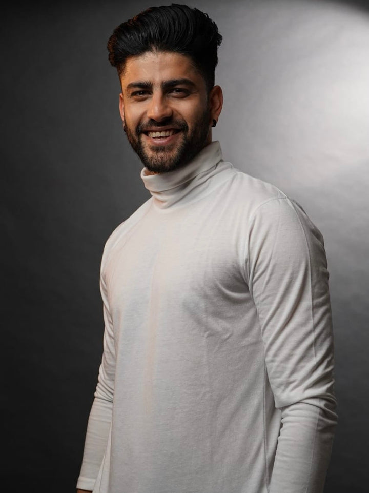 White Full Sleeves High Neck T-Shirt