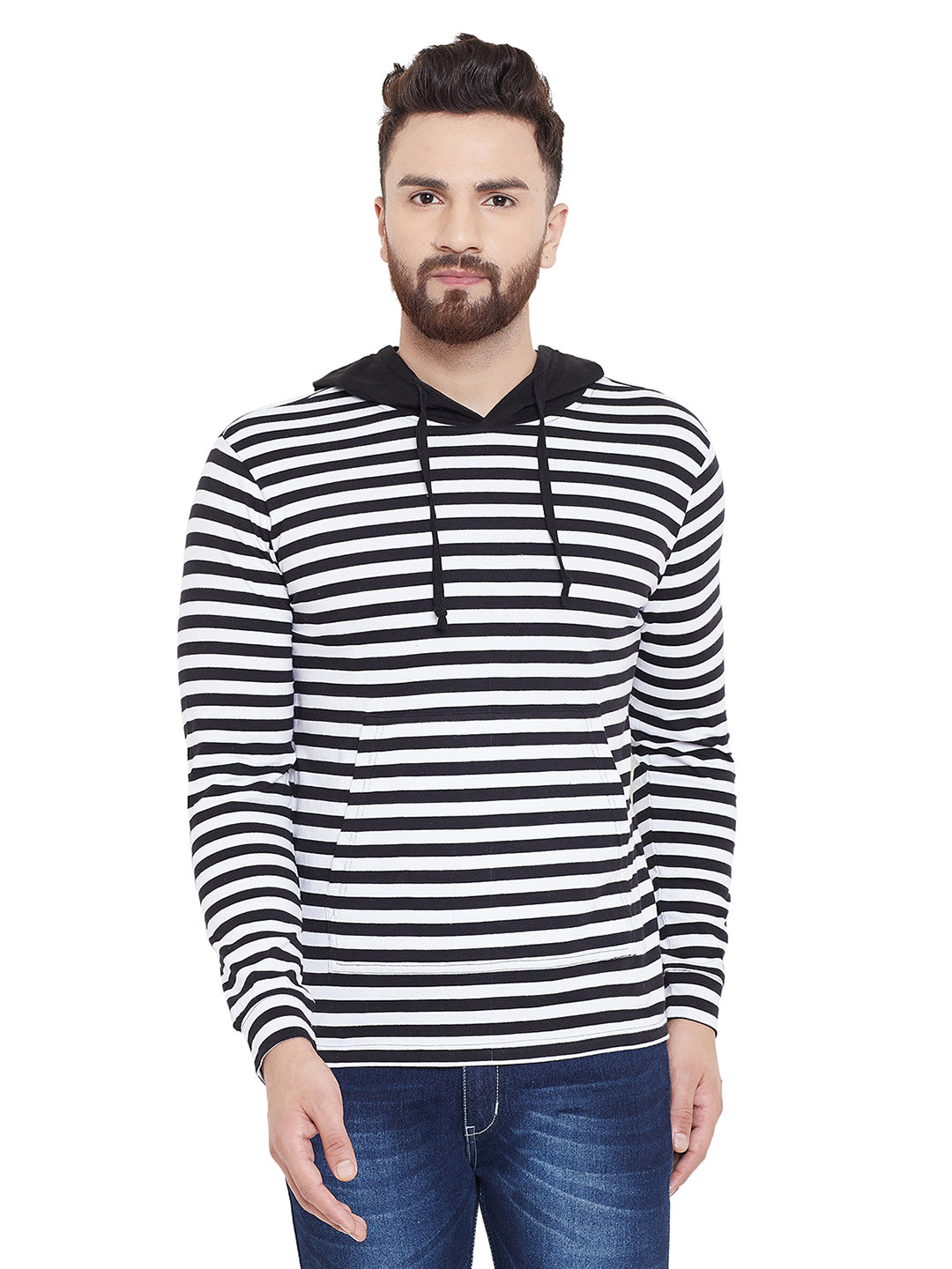 White/Black Striper Hooded Full Sleeves T-Shirt