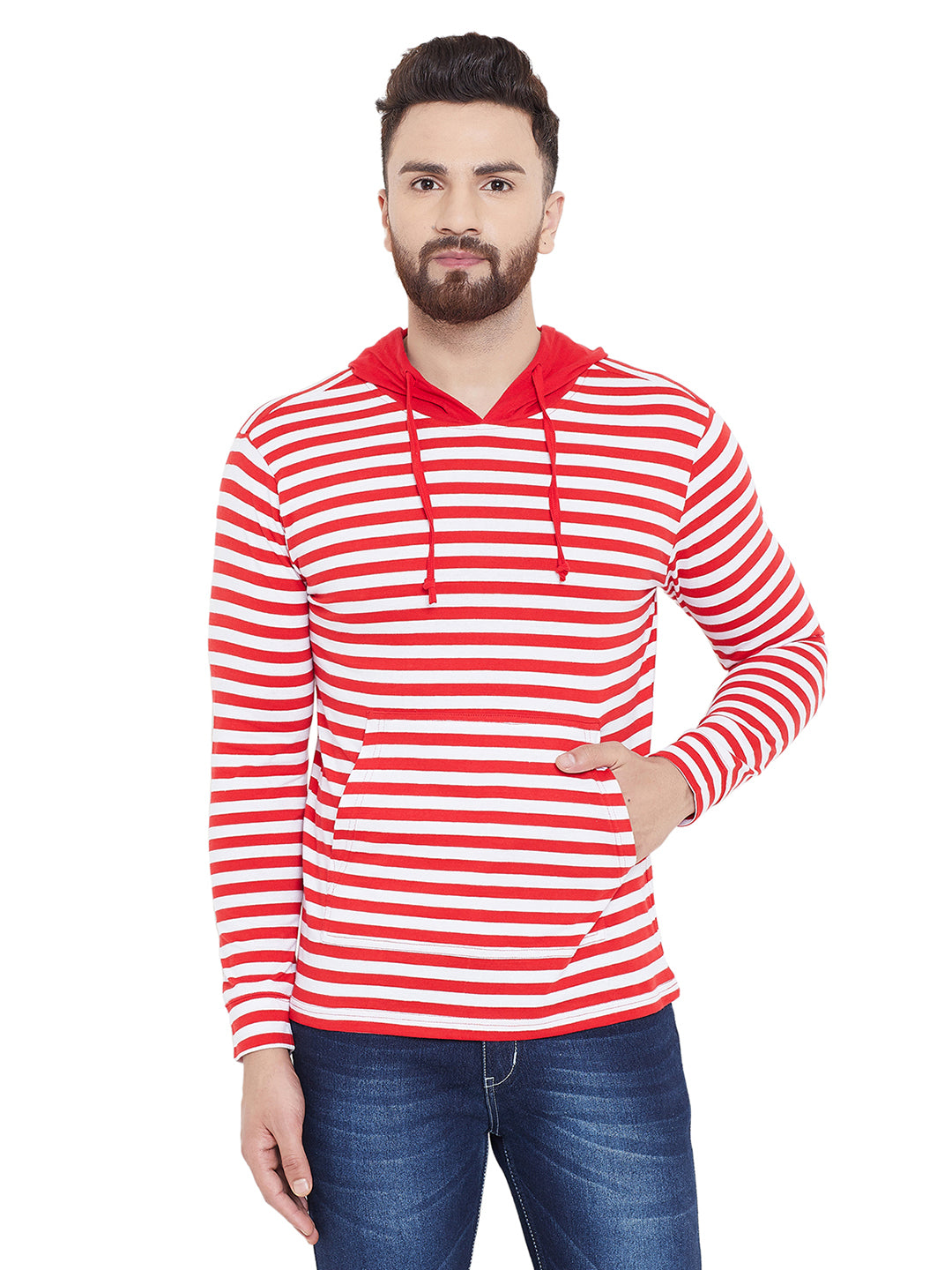 White/Red Striper Hooded Full Sleeves T-Shirt