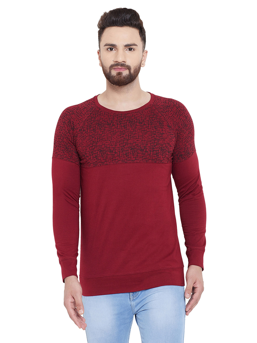 Maroon Printed Round Neck Full Sleeves T-Shirt