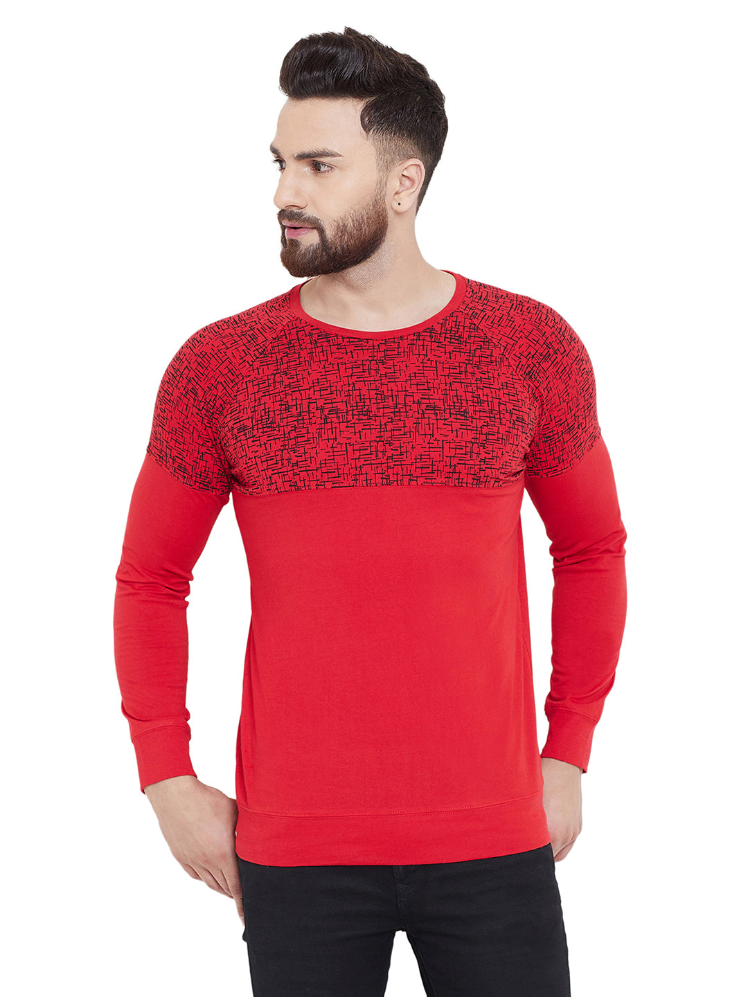 Red Printed Round Neck Full Sleeves T-Shirt