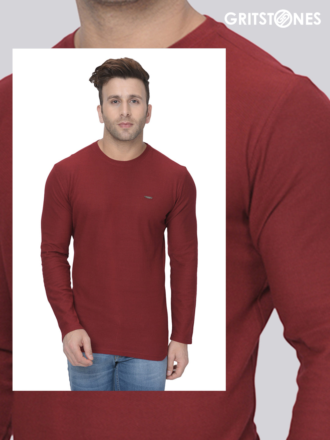 Maroon Full Sleeves Waffle Knit Round Neck T-Shirt