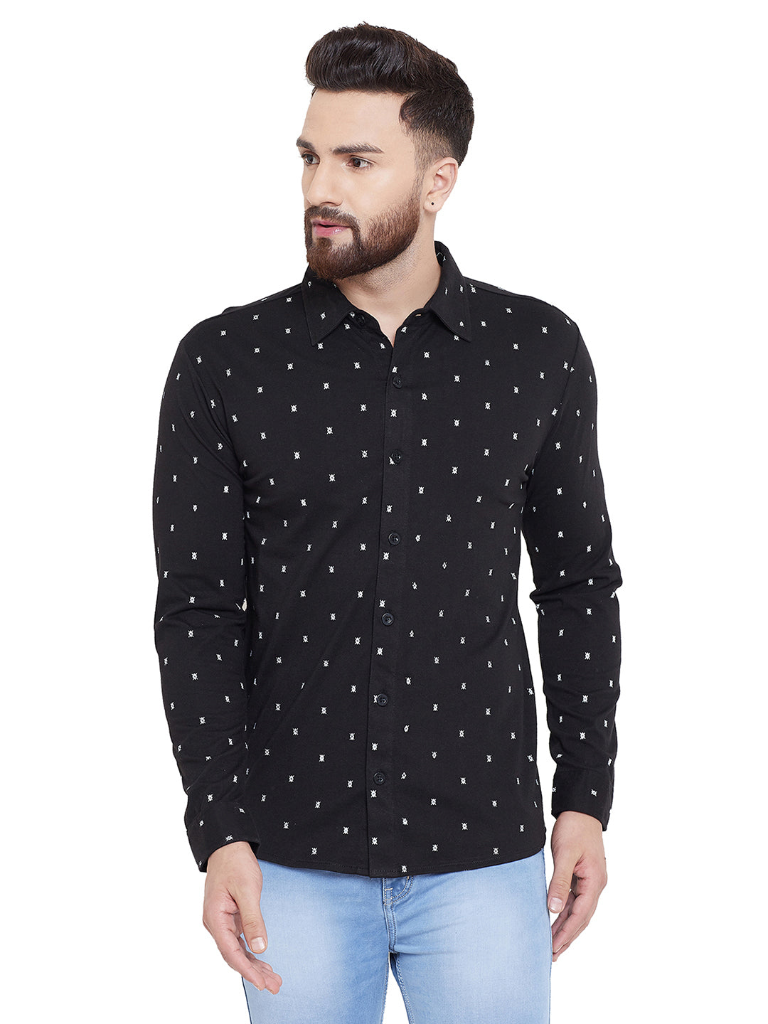 Black Printed Regular Collar Full Sleeves Shirt