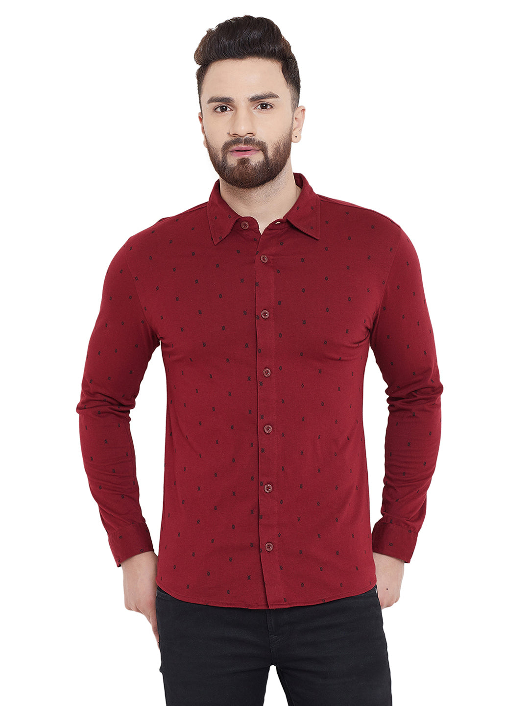 Maroon Printed Regular Collar Full Sleeves Shirt