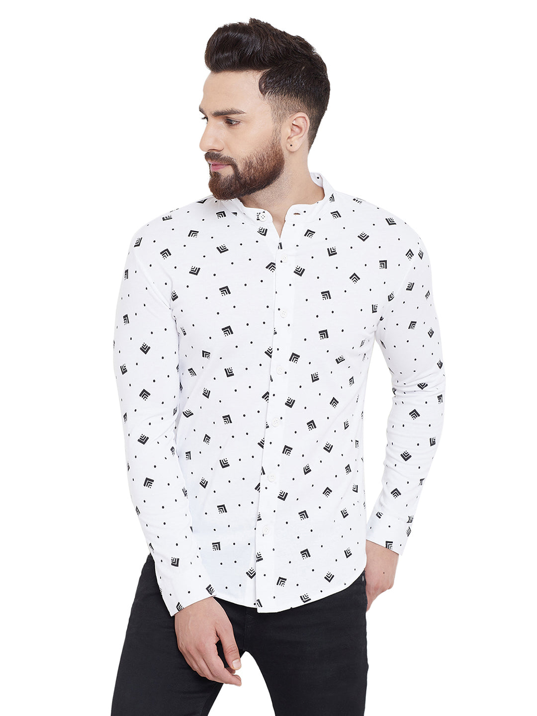 White Printed Chinese Collar Full Sleeves Shirt