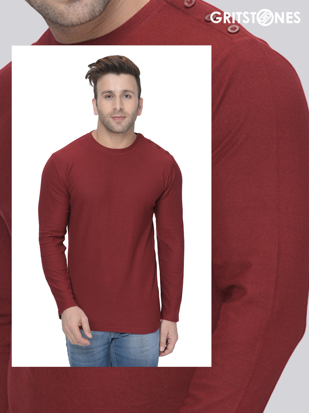 Maroon Full Sleeves Waffle Knit Crew Neck Side Button T-Shirt