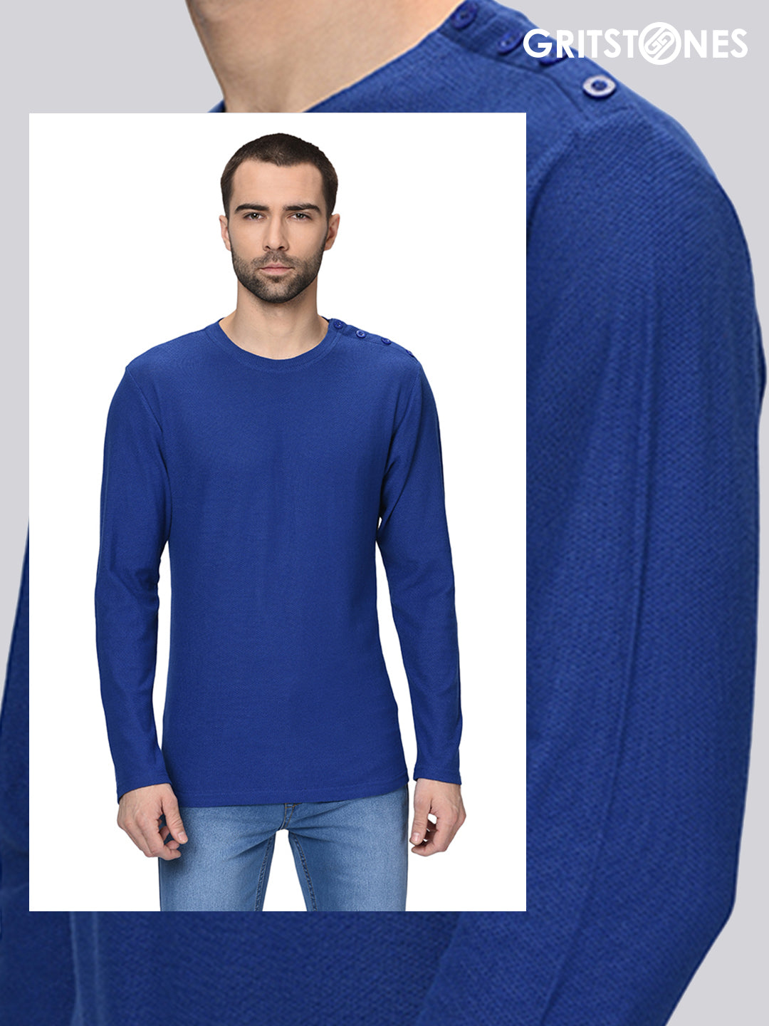 Royal Blue Full Sleeves Waffle Knit Crew Neck Side Button T-Shirt