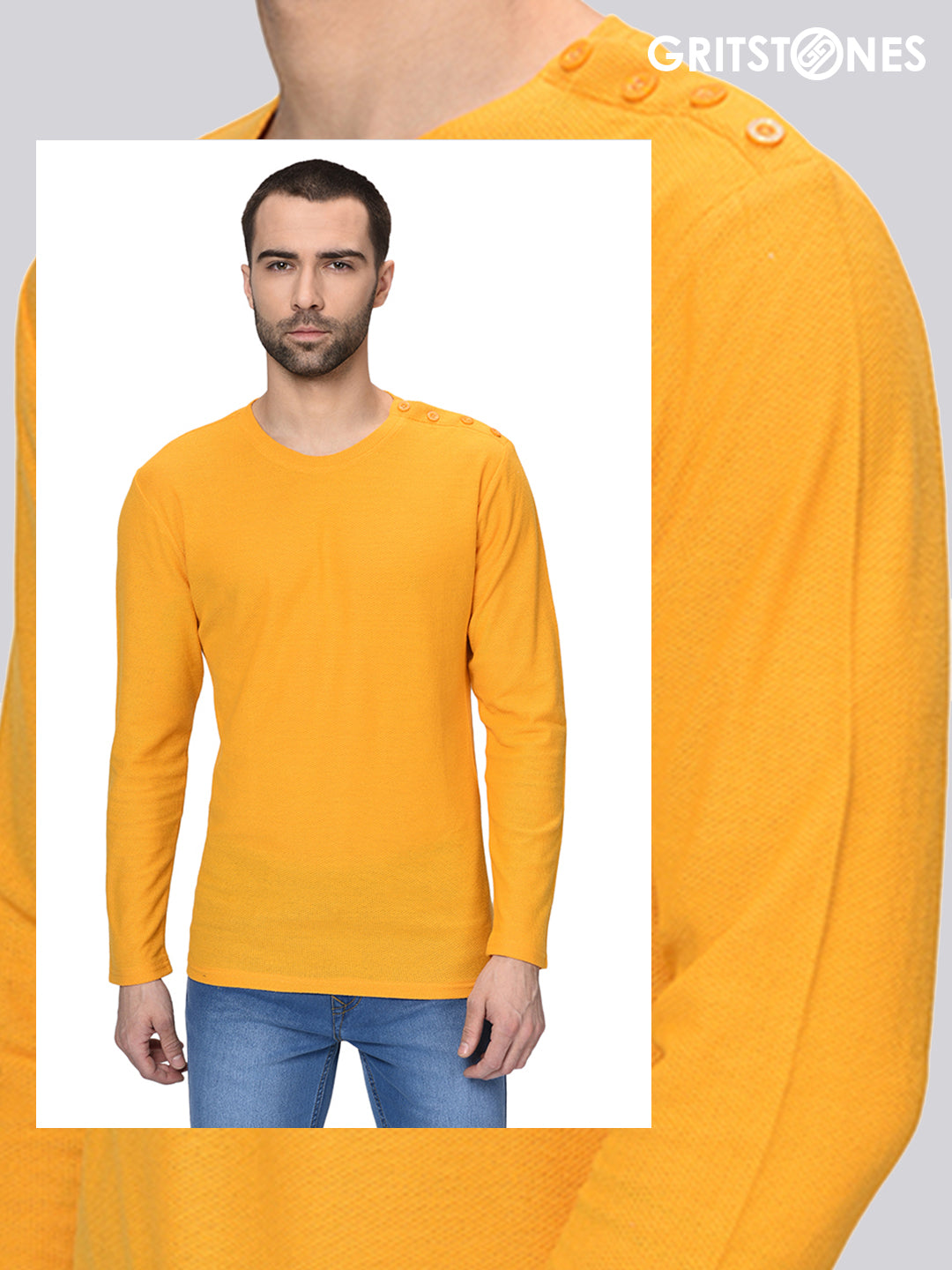 Yellow Full Sleeves Waffle Knit Crew Neck Side Button T-Shirt