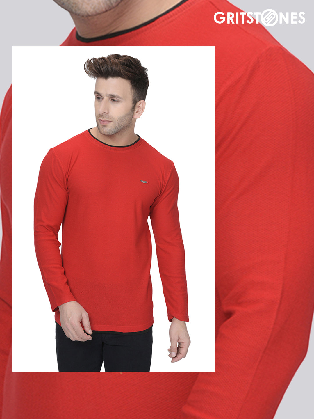 Red Full Sleeves Waffle Knit Crew Neck with Black Contrast Piping T-Shirt