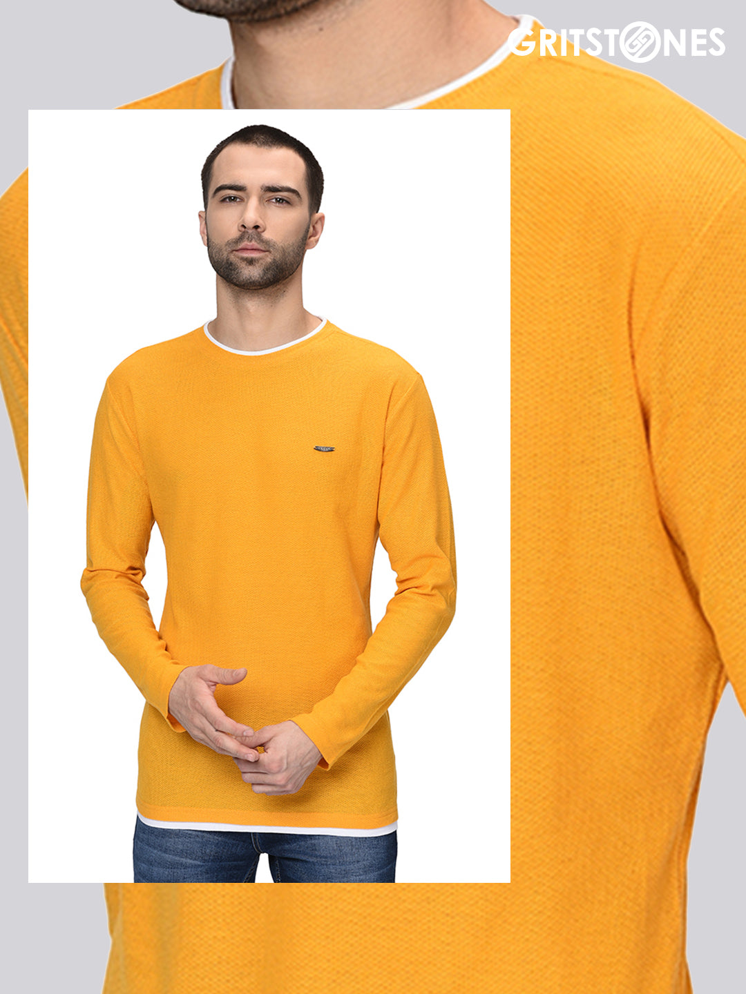 Yellow Full Sleeves Waffle Knit Crew Neck with White Contrast Piping T-Shirt