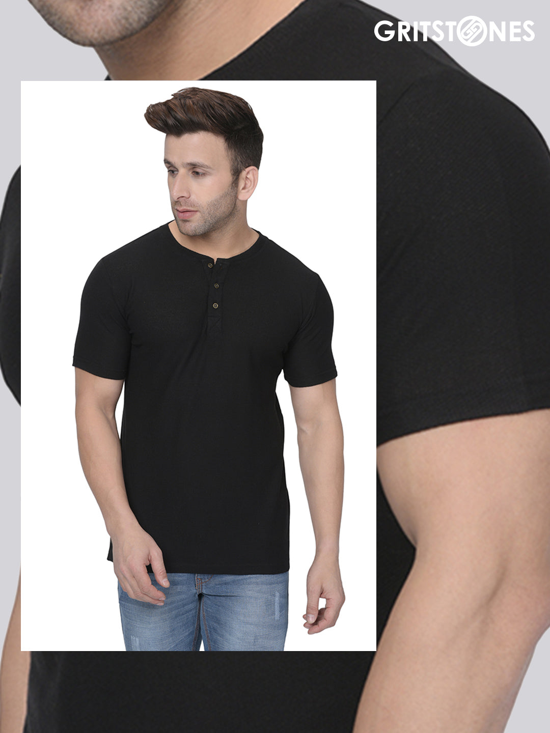Black Half Sleeves Waffle Knit Henley Neck T-Shirt