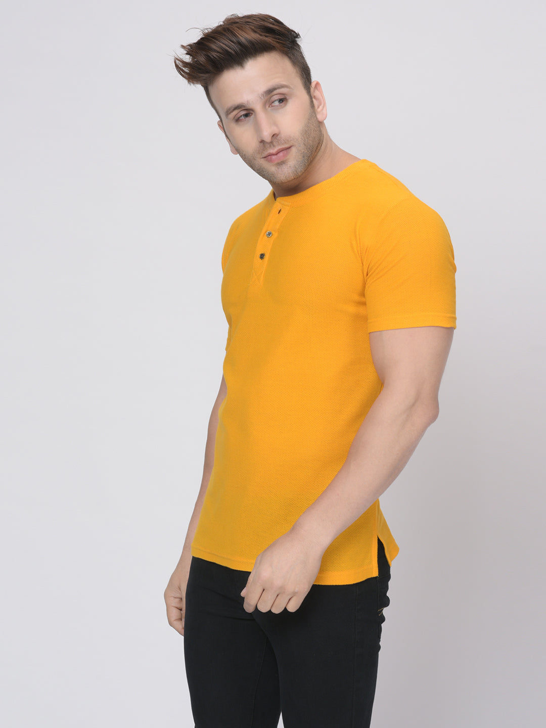 Yellow Half Sleeves Waffle Knit Henley Neck T-Shirt