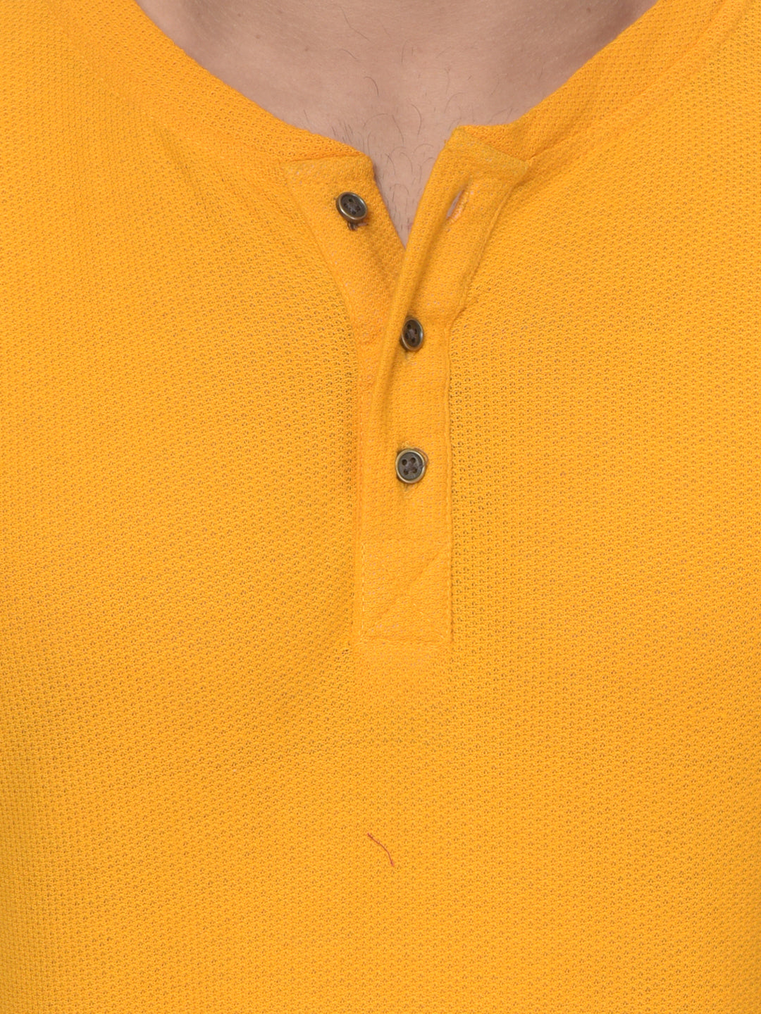 Yellow Half Sleeves Waffle Knit Henley Neck T-Shirt