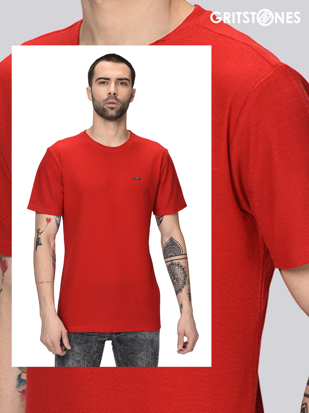 Red Half Sleeves Waffle Knit Round Neck T-Shirt