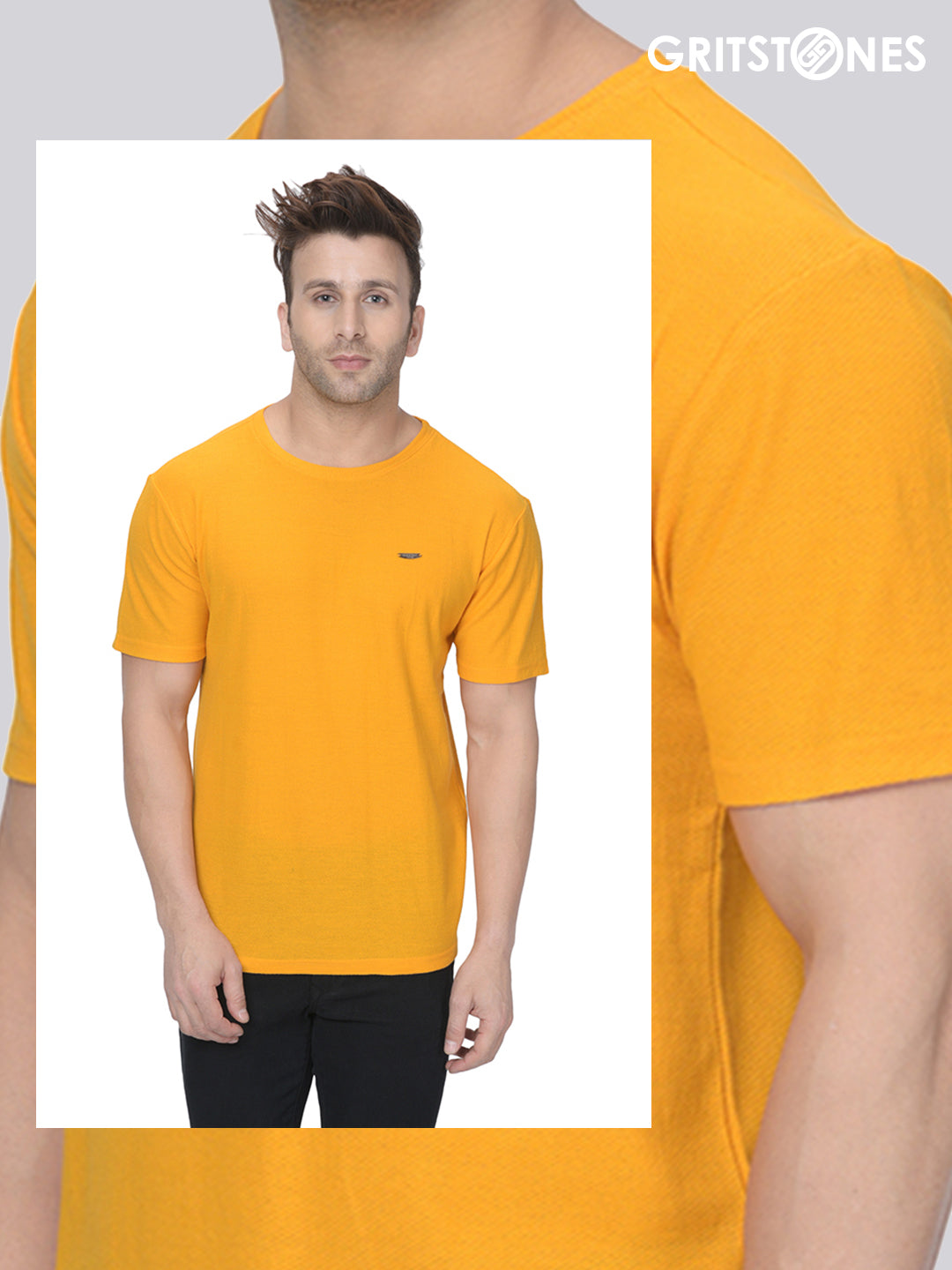 Yellow Half Sleeves Waffle Knit Round Neck T-Shirt